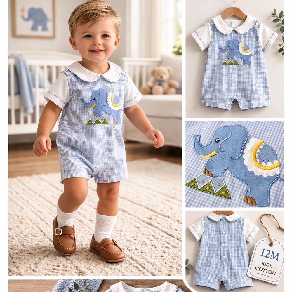 Royal Kidz Blue Elephant Baby Romper 12M Smocked NWT